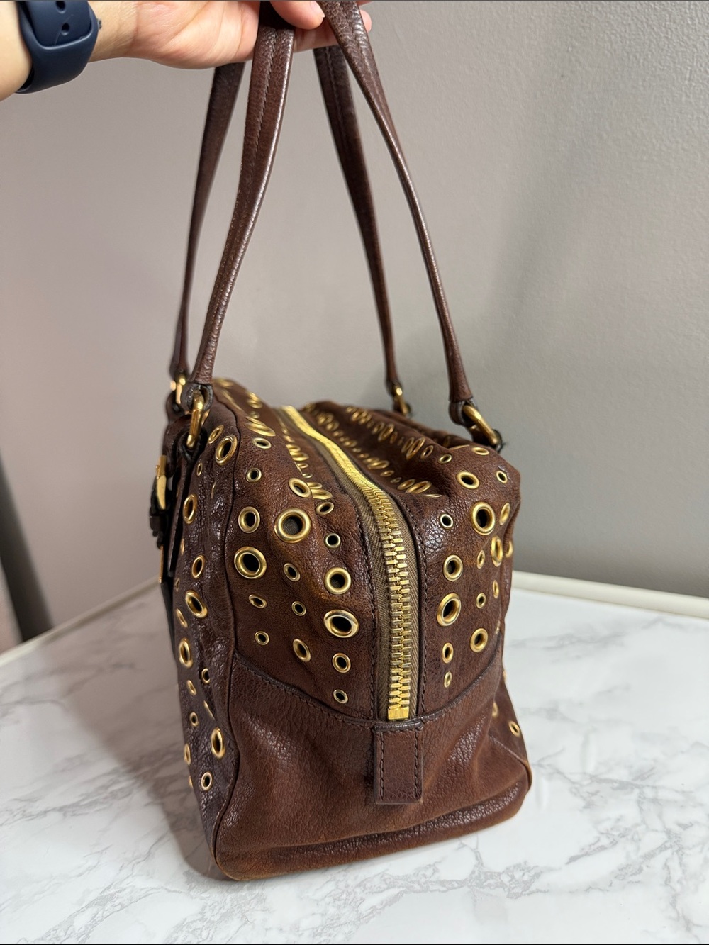 Prada Dark Brown Leather Grommet Satchel with Gold Hardware - Picture 2 of 12